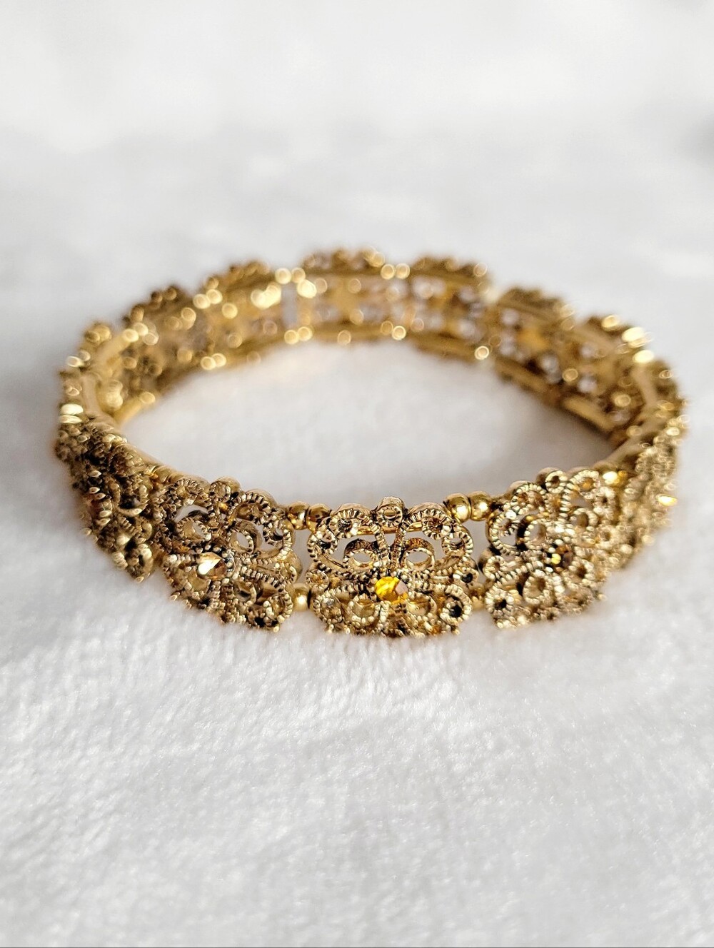Vintage Monet Gold Tone Filigree Stretch Bracelet Amber Yellow Rhinestones
